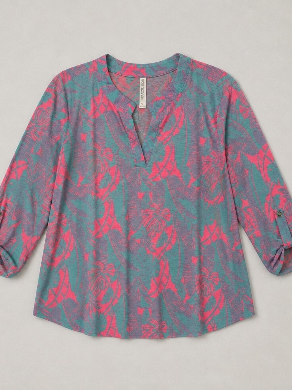 Relaxed V-Neck Tunic in Teal & Pink Floral Print